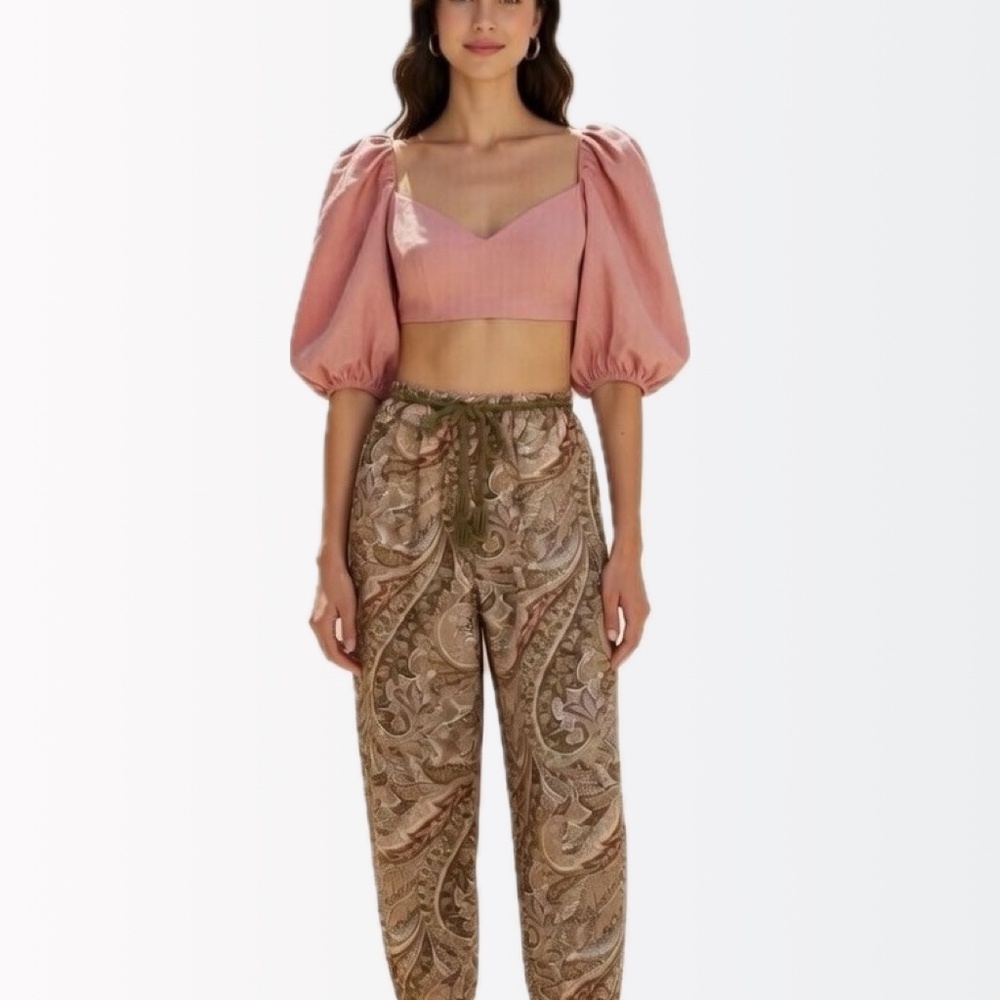 Zimmermann $350 Jeannie Rose Pink Linen Back Bow Puff-Sleeve Top 0 XS 0-4